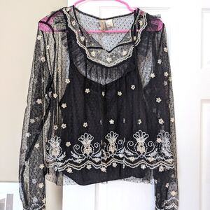 Black Embroidered Mesh Blouse